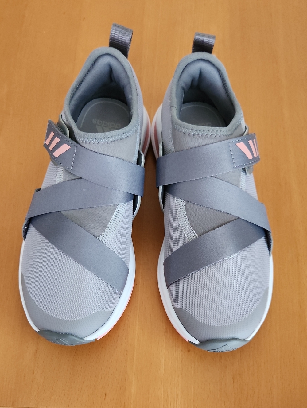 New adidas Kids Light Gray Slip-On Sneakers with Pink Logo Accents